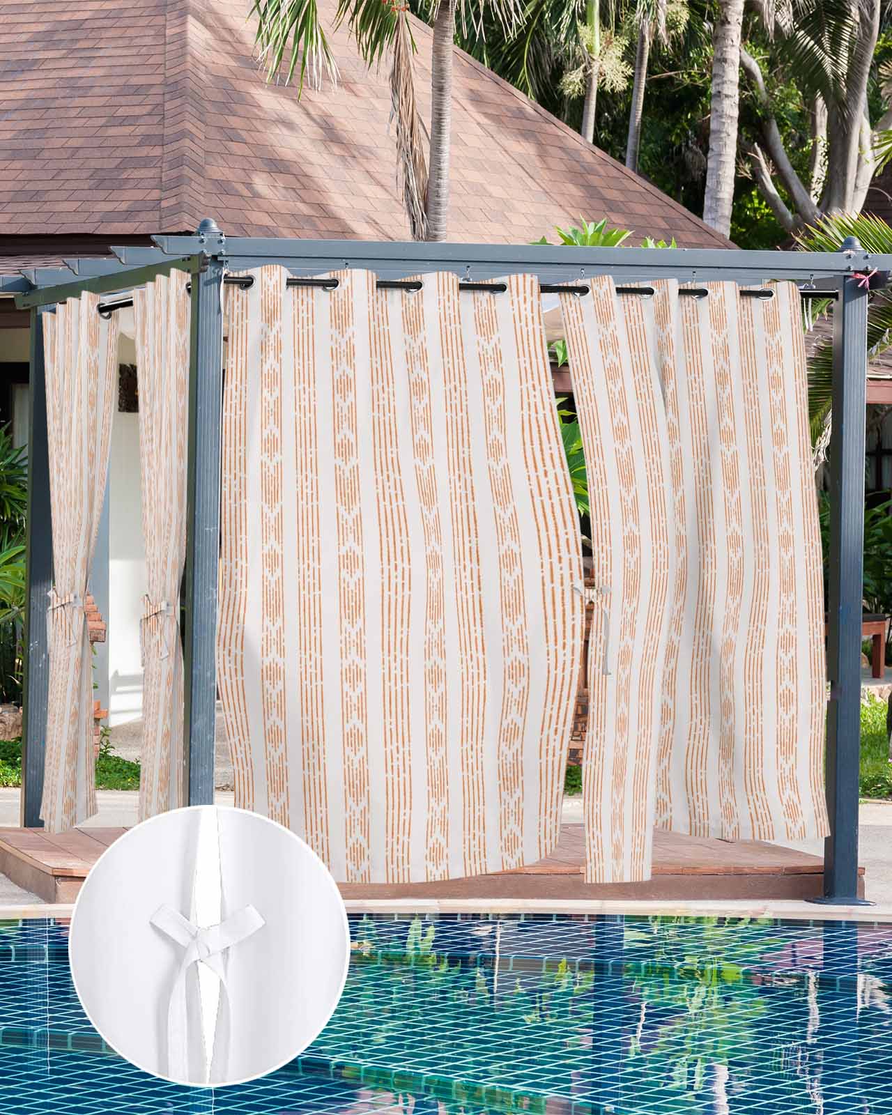 Orange Stripe Outdoor Curtains for Patio, Modern Abstract Art Vertical Stripes Beige Privacy Drapes Grommet Waterproof Outside Curtains for Porch/Cabana/Balcony 54"x 108", 2 Panel