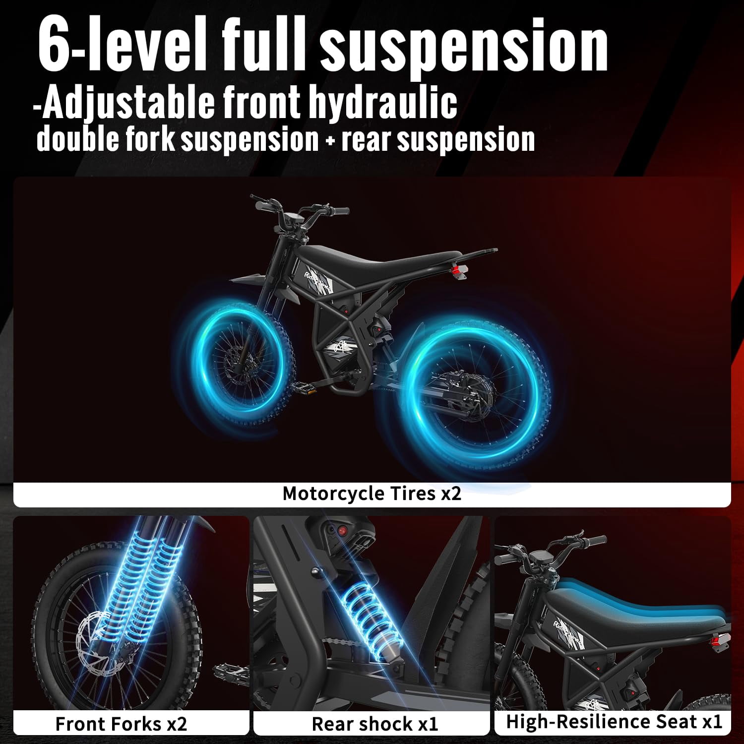 Ridingtime GT73 30+MPH Electric Dirt Bike, 2400W Motor, 48V/36Ah, 68-155 Mile Range, Hydraulic Suspension, 25" Off-Road Dirt Tires, UL2849
