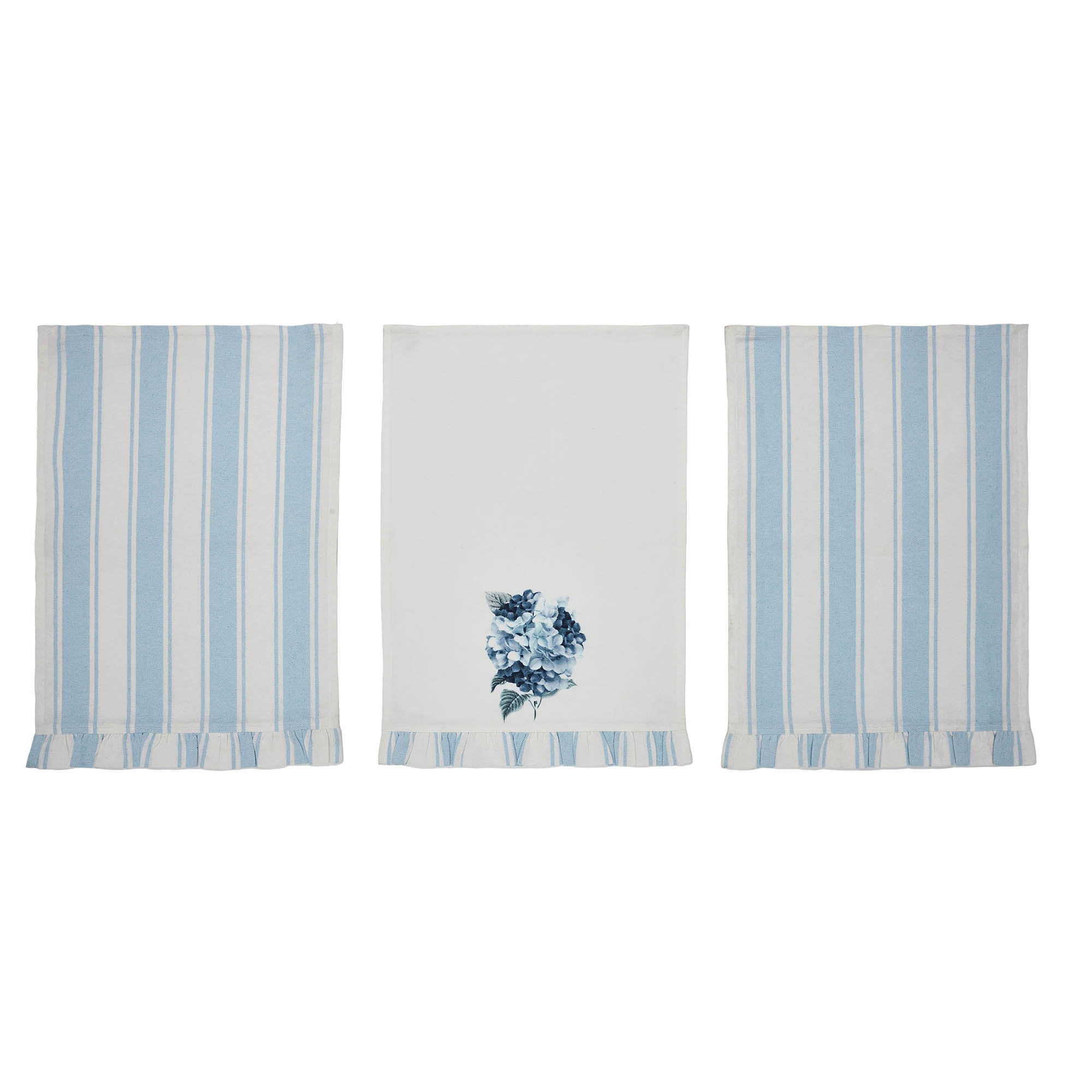 VHC Brands Kitchen Linens, Floral Tea Towel, Finders Keepers Collection, Spring Dish Towel Set of 3-28x19, Blue White Stripe Hydrangea
