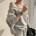 thumbnail image 2 of Suéter de lana marina para mujer, cuello descubierto, parte superior irregular, estilo holgado y holgado, 2 of 5