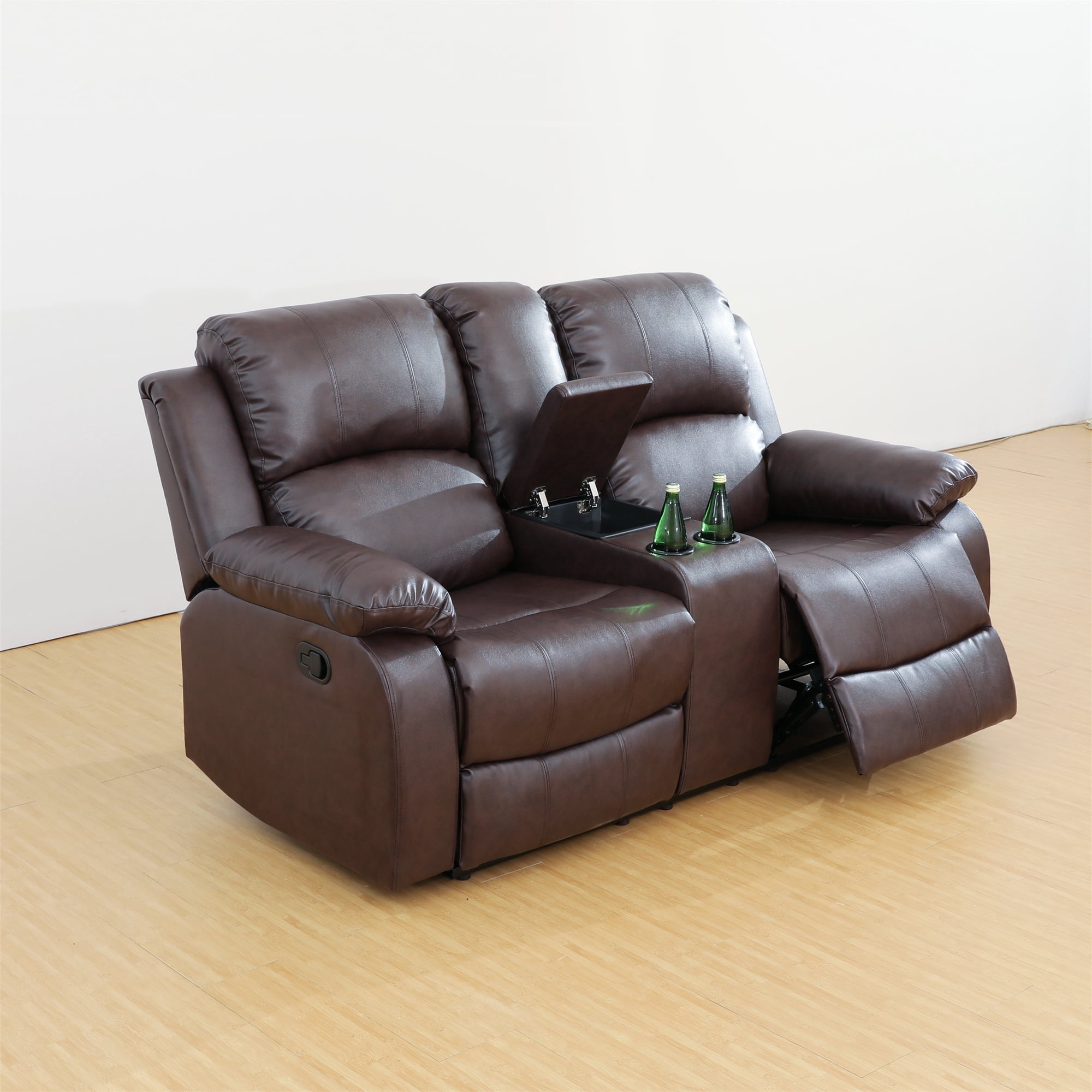 Aukfa Double Manual Recliner Chair, Overstuffed Loveseat with Cupholder for Living Room, Leather, Brown