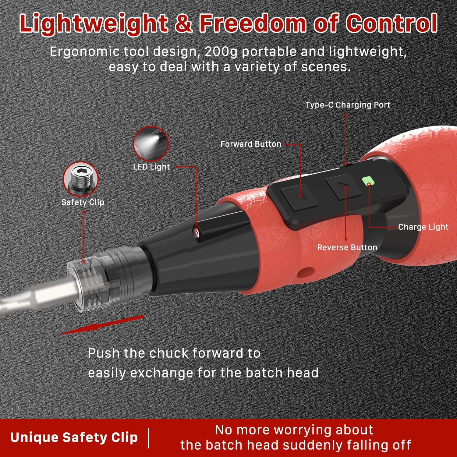 Hillyfe Electric Cordless Screwdriver, 3.7V Rechargeable Lithium-ion Battery with LED Light, Small Screwdriver with 13pcs Bits, Red
