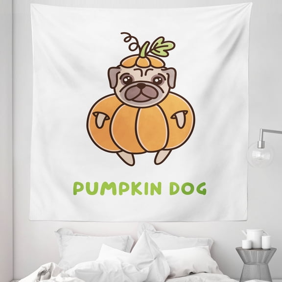 Halloween Tapestry, Pumpkin Dog Typography with Cartoon Drawing Pug in Costume Print, Fabric Wall Hanging Decor for Bedroom Living Room Dorm, 5 Sizes, Apricot Green and White, by Ambesonne