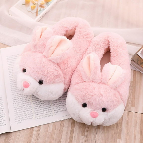 2Pcs Cartoon Rabbit Women Plush Slippers, Pink Bunny Lovely Warm House Shoes for Bedroom Dormitory indoor and outdoor Hotel Girlfriends Ladies