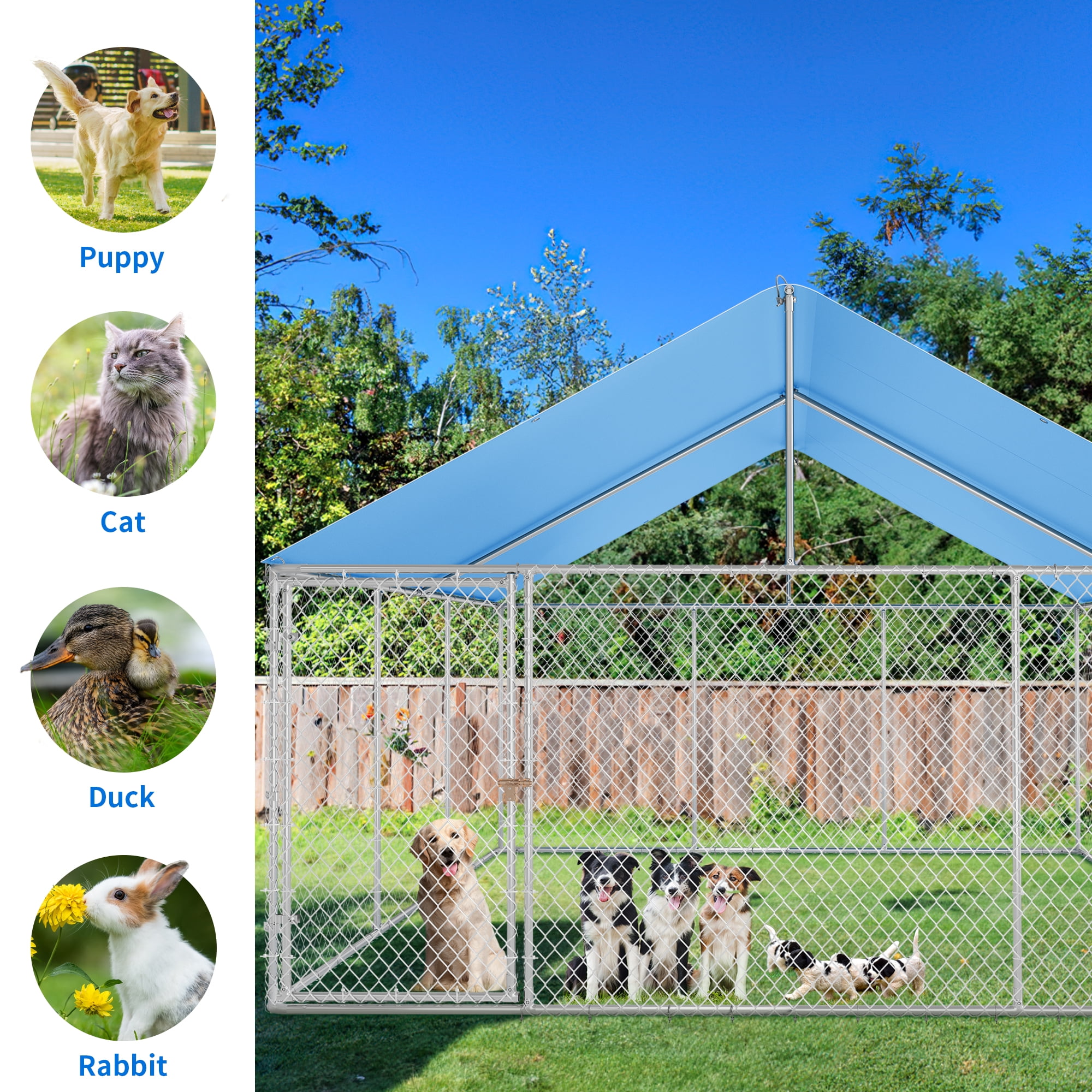 Large Outdoor Dog Kennel with Metal Dog Gate,Heavy-Duty Dog Enclosure with Roof for Backyard and Farm Use -177.1" L x 177.1" W x 90.5" H