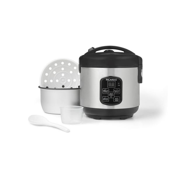 Ricardo 8-Cup Rice Cooker, 4 Pre-Programmed Functions, Digital Timer, Automatic Warm Mode, Measuring Cup, Steamer Basket, Non-Stick, 400W, Black