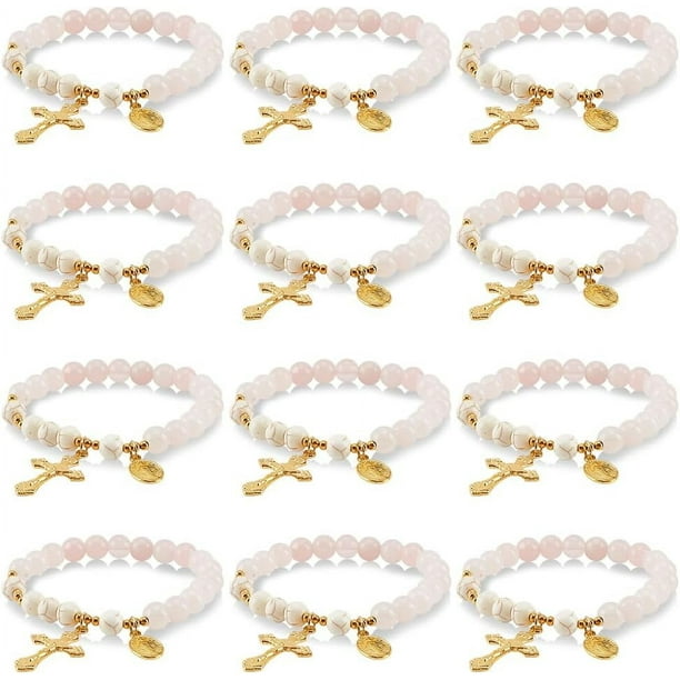 12 pulseras de rosario de cuarzo rosa con cuentas turquesas, pulsera elástica para mujer, joyería hecha a mano con oración de fe.