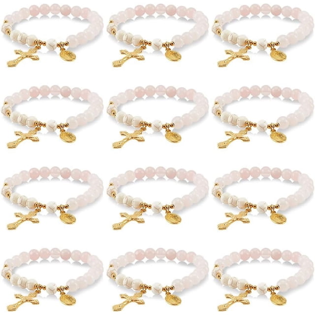 12 pulseras de rosario de cuarzo rosa con cuentas turquesas, pulsera elástica para mujer, joyería hecha a mano con oración de fe.