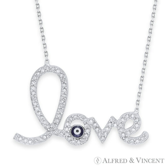 "Love" & Evil Eye Charm Pendant & Chain Necklace w/ CZ Crystals in .925 Sterling Silver