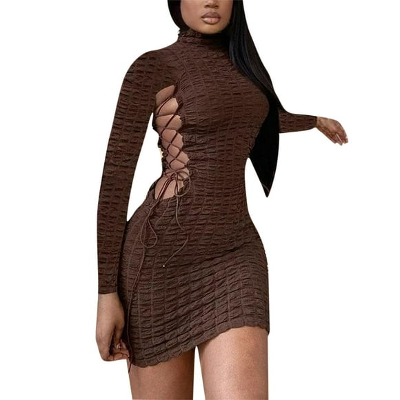 QUYUON Womens Midi Dresses with Sleeves Clearance Casual Long Sleeve Tie Hollow Out Wrap Bodycon Dress Long Summer Dresses Women Crew Neck Midi Shirt Dress Style D-270 Brown M