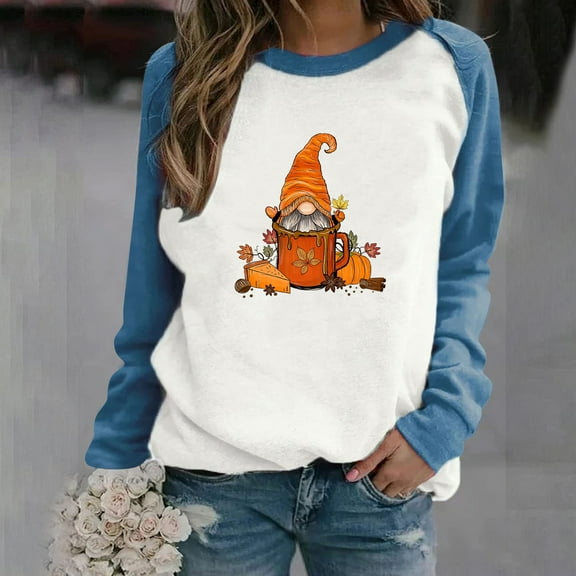 VKEKIEO Cropped Sweatshirts For Women Crew Neck Long Sleeve Printed Walking Blue 100%Polyester Sweatshirts For Women