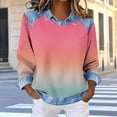 thumbnail image 1 of TaTaai Women's Casual Long Sleeve Top Denim Patchwork Waffle Print Lapel Design Loose Fit Fashion Blouse Spring Wear Gift, 1 of 5