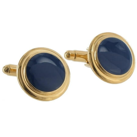 Blue Print Cufflinks - Blue Gold Tone Round Slant Back Toggle Cufflinks Made In USA