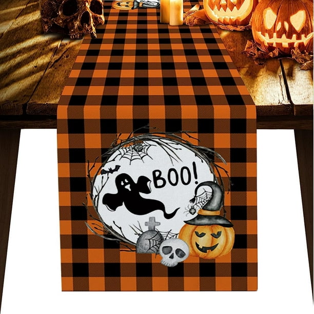 Lino Camino de mesa de Halloween Calabaza Telaraña Calavera Decoración de mesa de comedor Cubierta de mesa de miedo para la decoración de fiesta de cena de Halloween xuanjing unisex