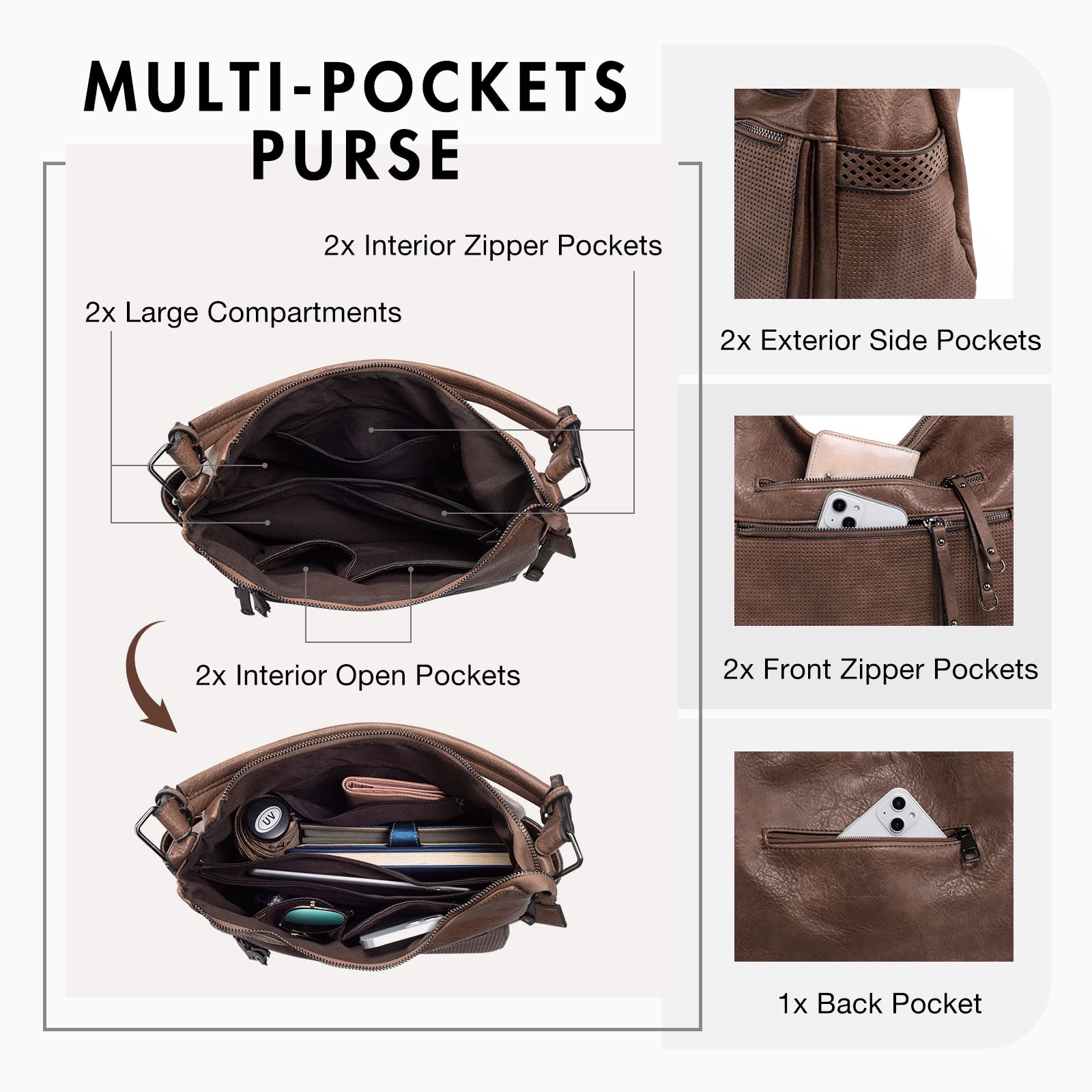 Capamaster Large Capacity Vintage Hobo Bag | Retro PU Leather 2-Way Shoulder Crossbody Purse for Women Mud Color