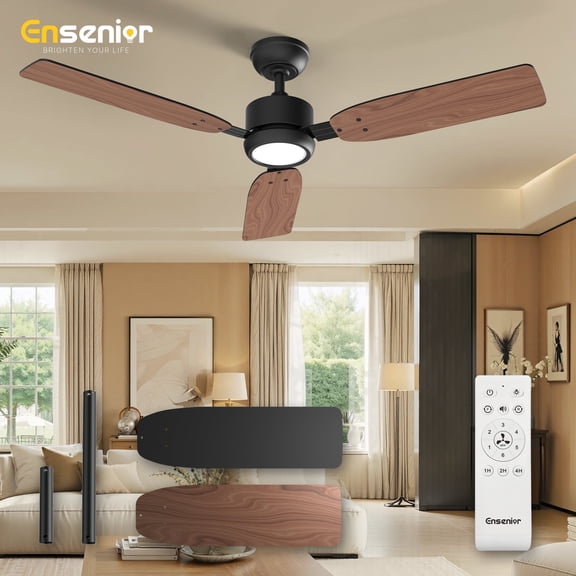 Ensenior 52 Inch Ceiling Fans with Lights and Remote Control, 3 Blades Black Ceiling Fan with 3 Colors and 6 Speeds, Noiseless, Reversible DC Motor, Modern Ceiling Fan for Bedroom and Living Room