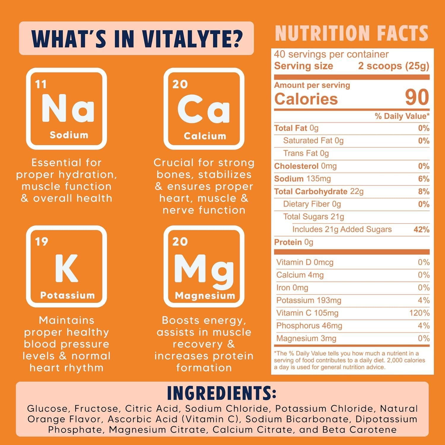 Vitalyte Orange Electrolyte Powder Mix, Isotonic Hydration, 40 Servings, 35 oz