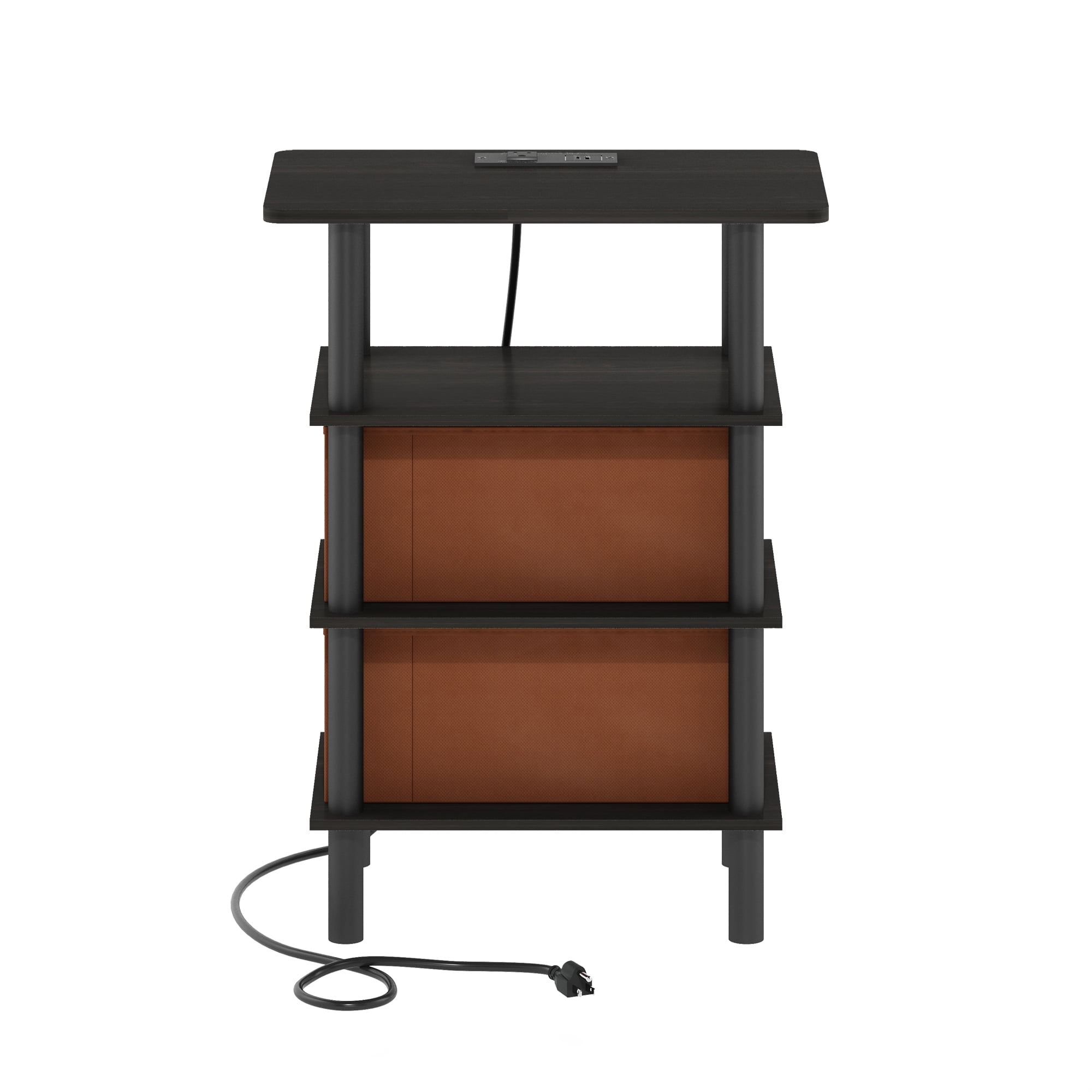 Furinno Turn-N-Tube 4-Tier Side Table, End Table, Nightstand with Bin Drawers, USB and Type-C Charging Port, Espresso/Black/Brown