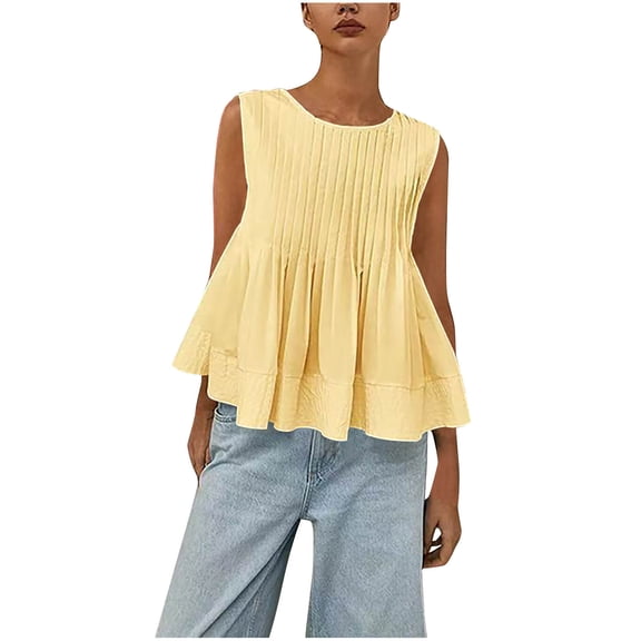 BLCHUNen Peplum Tops for Women Sleeveless Pleated Tank Tops Casual Loose Round Neck Summer Comfortable Blouse Trendy