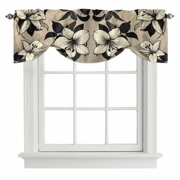 Black Floral Tie Up Valance Curtains for Windows, Kitchen Curtains Window Treatments, Vintage Khaki Floral Retrp Plant Leaf Short Window Shades Valances for Bedroom Bathroom Cafe 42"x12"