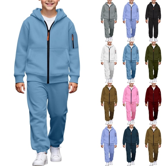 Boys 2-Piece Zip Up Hoodie and Jogger Pants Set Warm Fleece Tracksuit with Pockets for School Outdoor Daily Wear