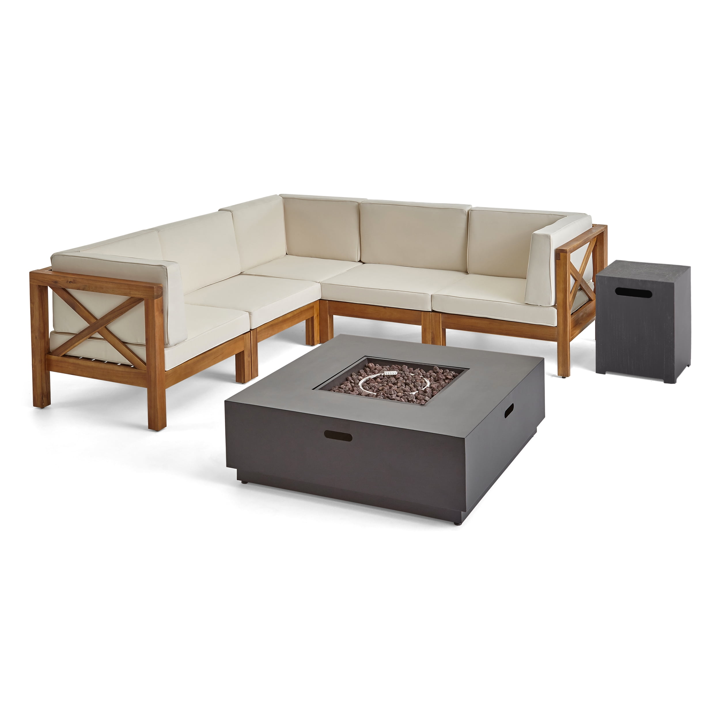 Markus Outdoor 7 Piece Acacia Wood Sectional Sofa Set with Cushions and Fire Pit, Teak, Beige, Dark Gray