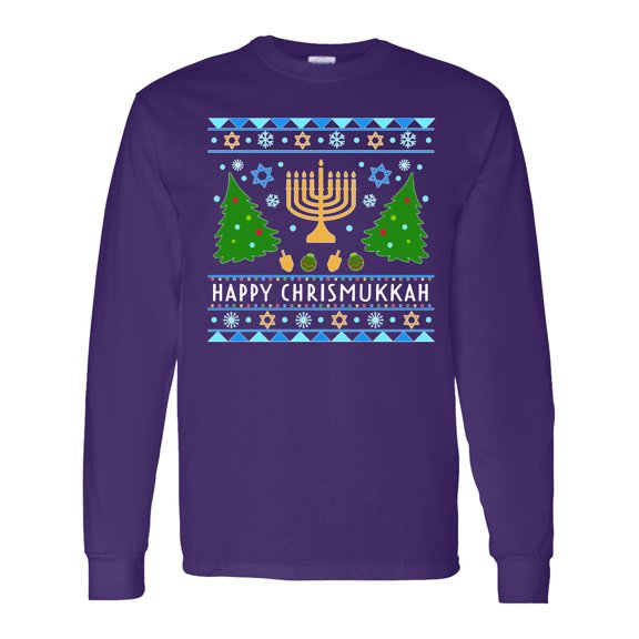 Inktastic Happy Chrismukkah Sweater Style with Menorah and Trees Long Sleeve T-Shirt