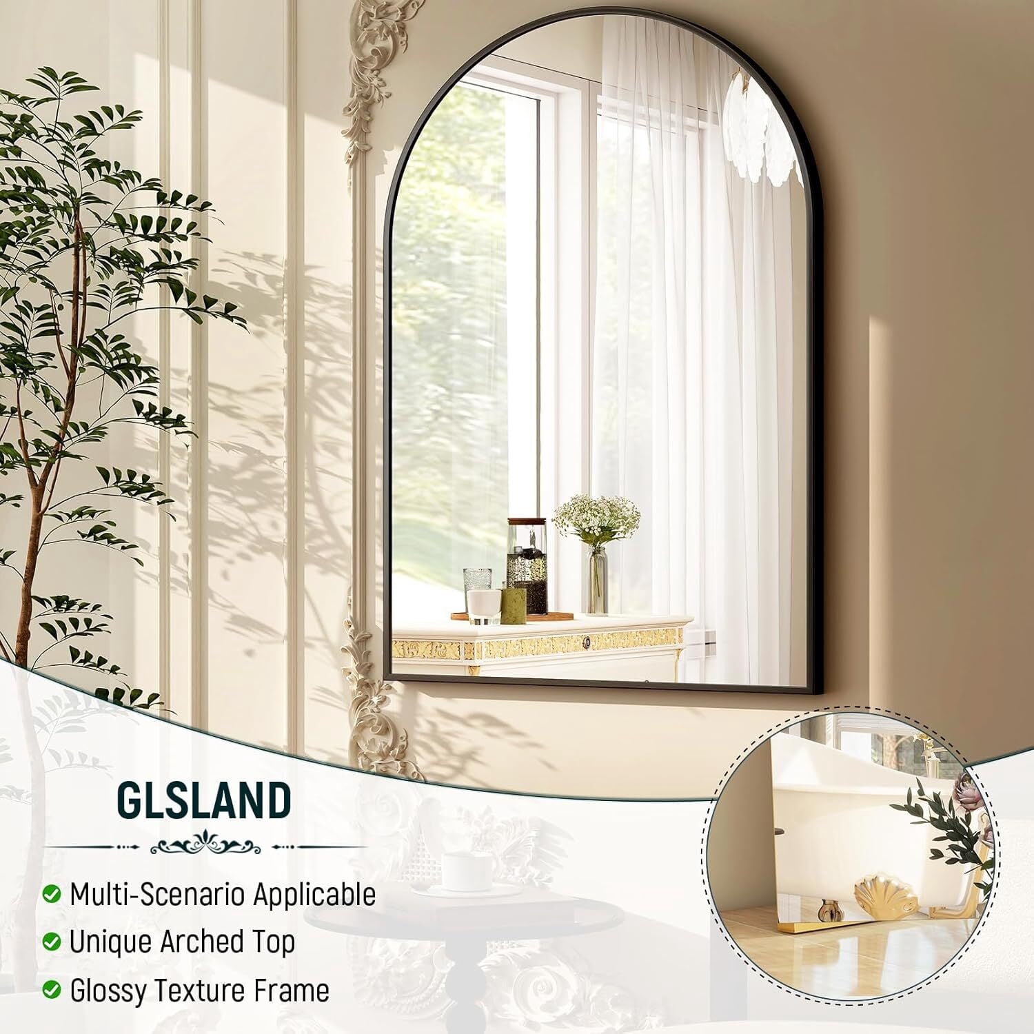 Anyrose 24"x 16" Arched Bathroom Mirror Wall Mirror, Black