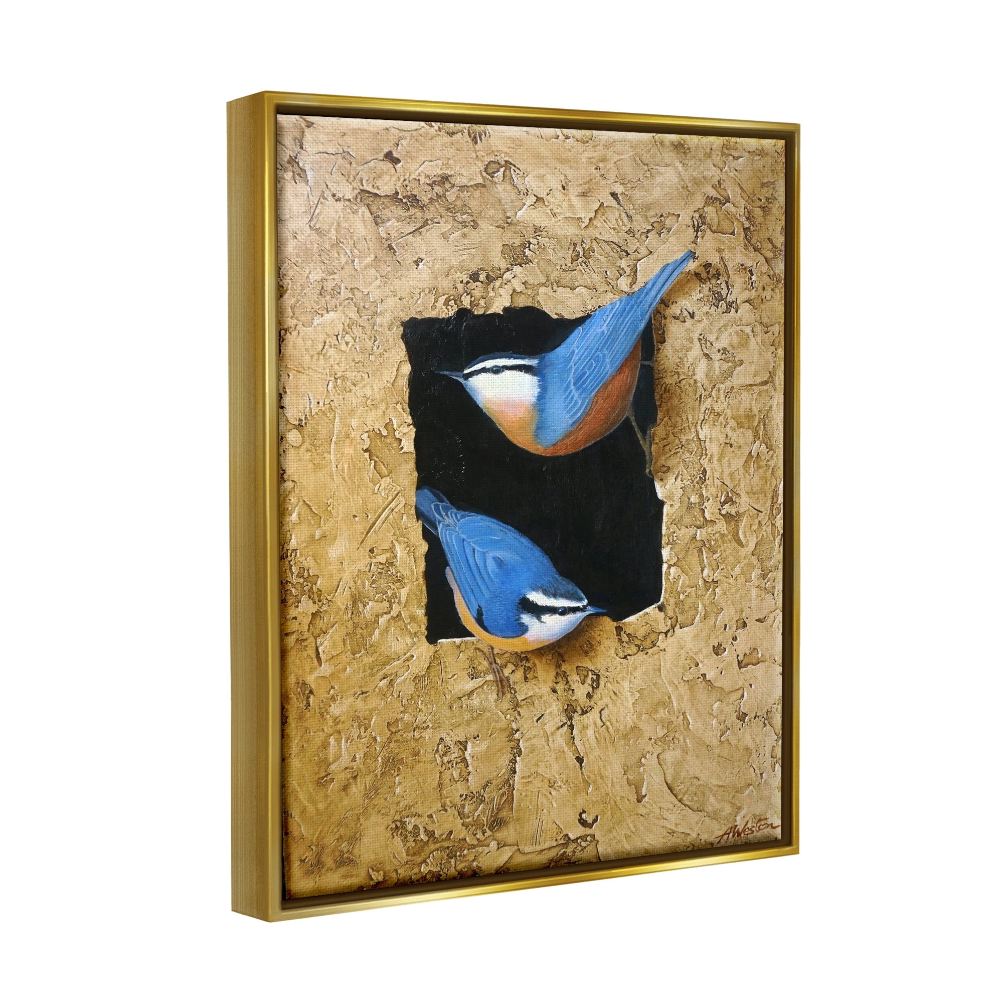 Stupell Industries Blue Bird Pair Perched Rough Layered Structure Painting Metallic Gold Floating Framed Canvas Print Wall Art, Design by Alan Weston