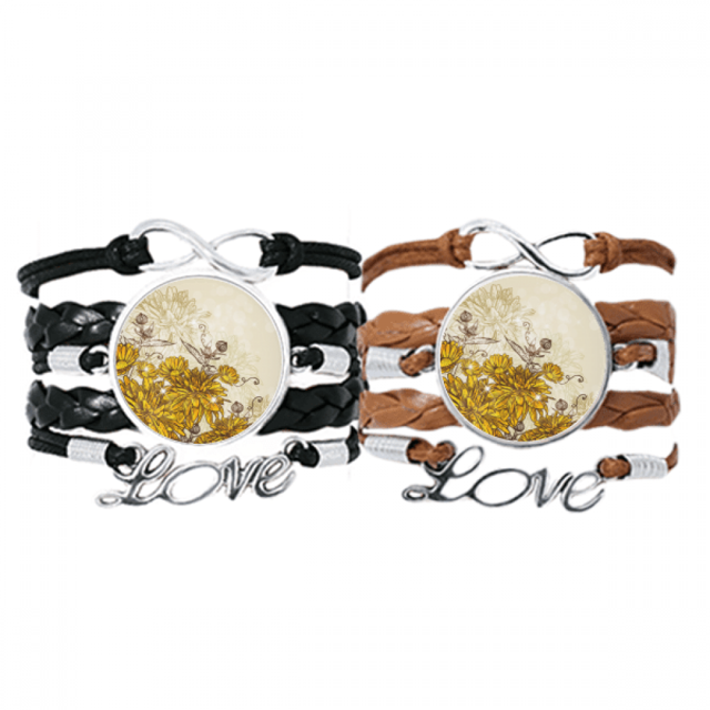 Yellow Chrysanthemum Flower Bracelet Hand Strap Leather Rope Wristband Double Set