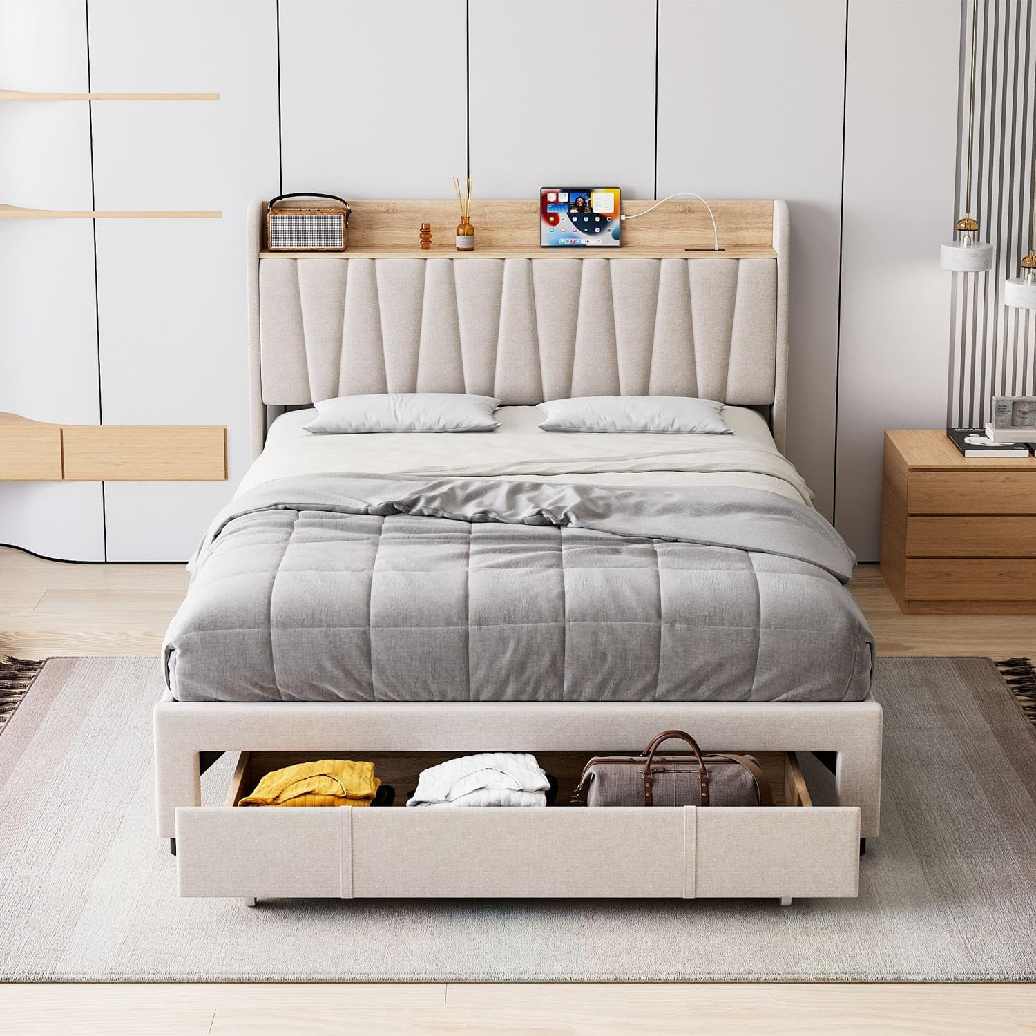Hetoy Full Size Bed Frame with Drawer, Upholstered Platform Bed Frame with Storage Headboard and Charging Station, Mattress Foundation with Solid Wooden Slats Support, No Box Spring Needed, Beige