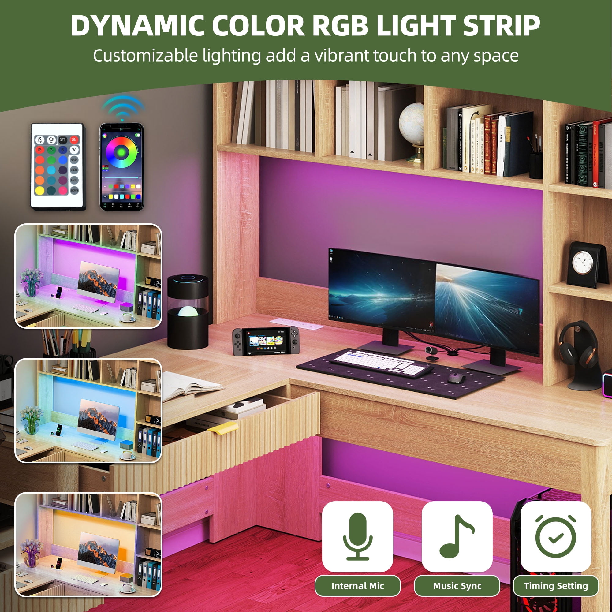 Uforic L Shape Desk with LED Light & Hutch,  Home Office Computer  Desk Executive Desk with Drawers