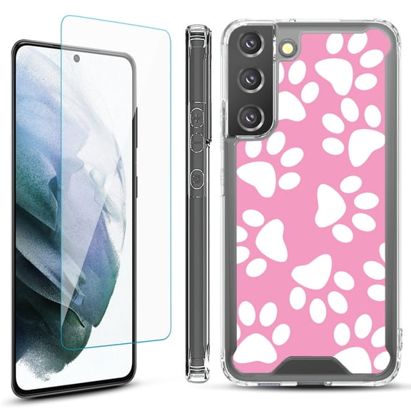 Shockproof Bumper Phone Case for Samsung Galaxy S22  / S22 Plus 5G, with Tempered Glass Screen Protector, by OneToughShield ® - Pet Paw/ Pink