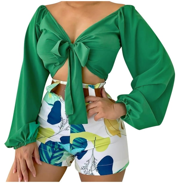 Conjunto de dos piezas de camiseta con cuello en V y cordones informales de verano sexy a la moda para mujer Pompotops qwe24402