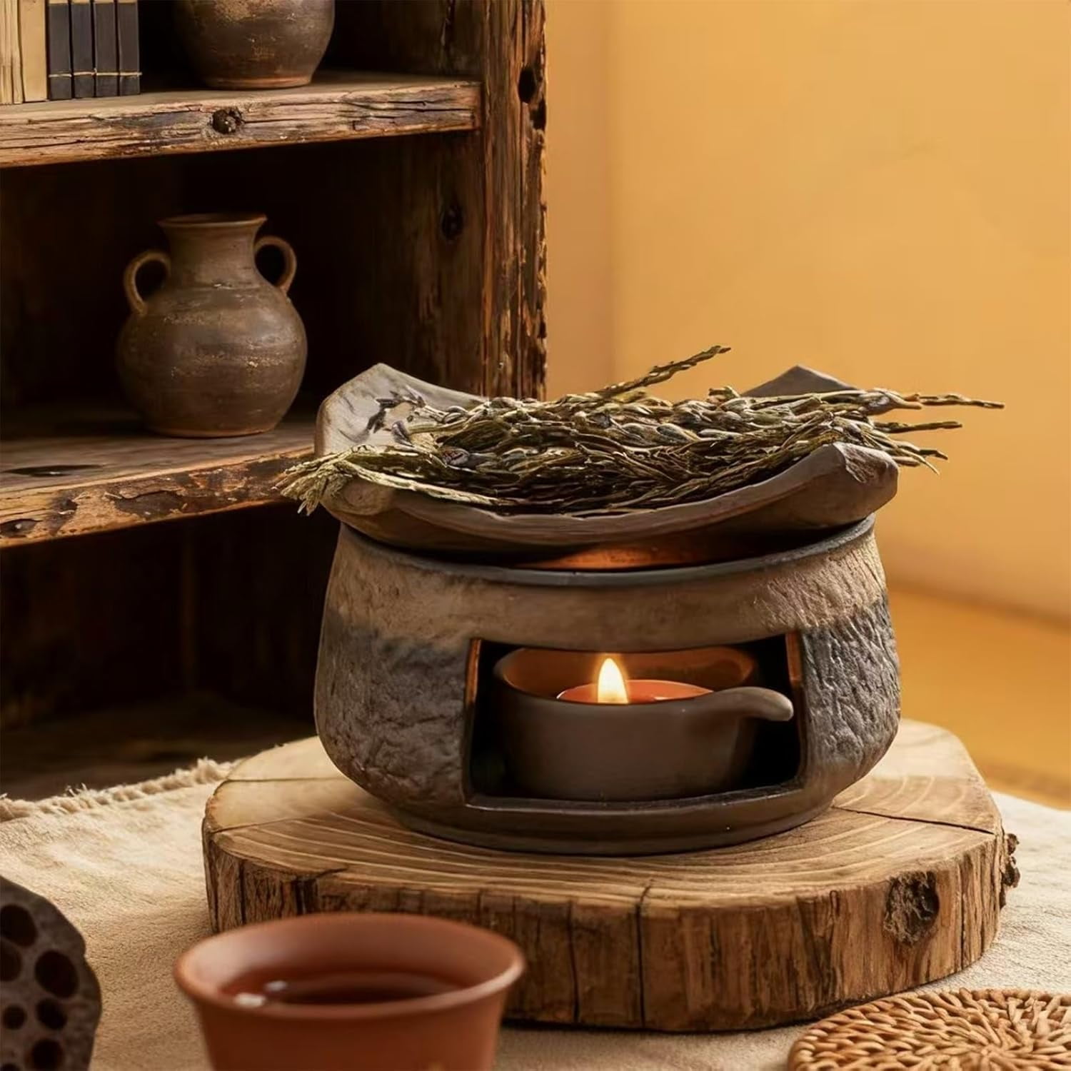 Ceramic Aromatherapy Stove Essential Oil, Cedar and Zen Aromatherapy Burner, Handmade Zen Incense Burner Kit, Tea Light Candle Holders Teapot Warmer for Home Office Meditation Relaxation(2 Set)