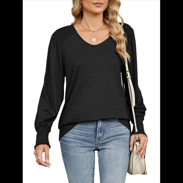 Camisas Casuales Holgadas de Larga para Mujer, Blusas Fruncidas con Cuello en V, Blusas de Moda. Negro L