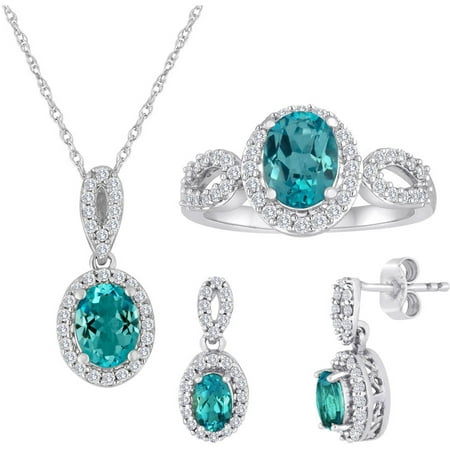 Genuine Blue Topaz and CZ Sterling Silver 3-Piece Boxed Set with Earring, Ring and Pendant, 18
