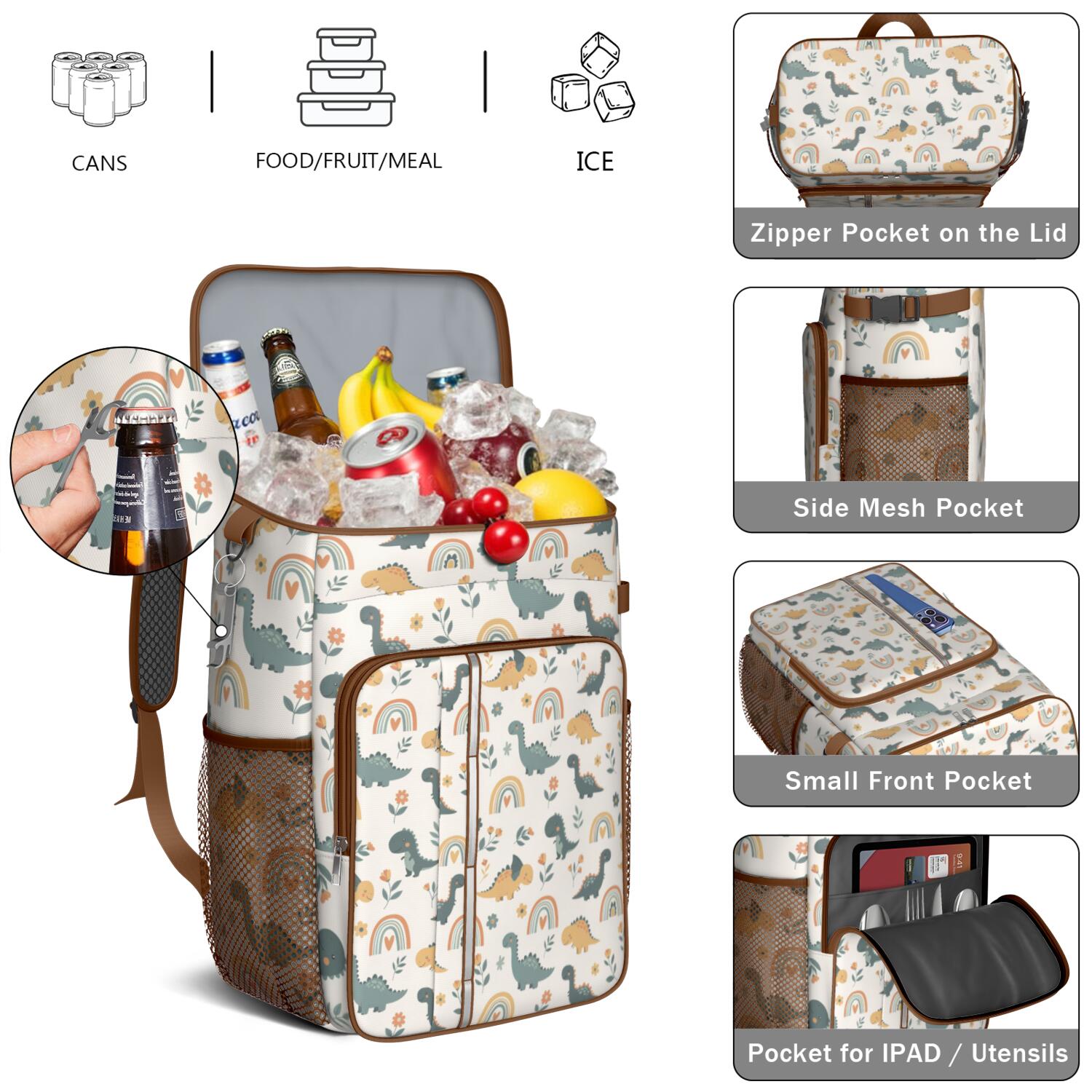 Travel Cooler Bag - Beige Dinosaurs Rainbows Flowers Pattern Camping Beer Cooler Backpack with Bottle Opener- Waterproof Insulated Picnic Backpacks - Cooler Bag for Beach