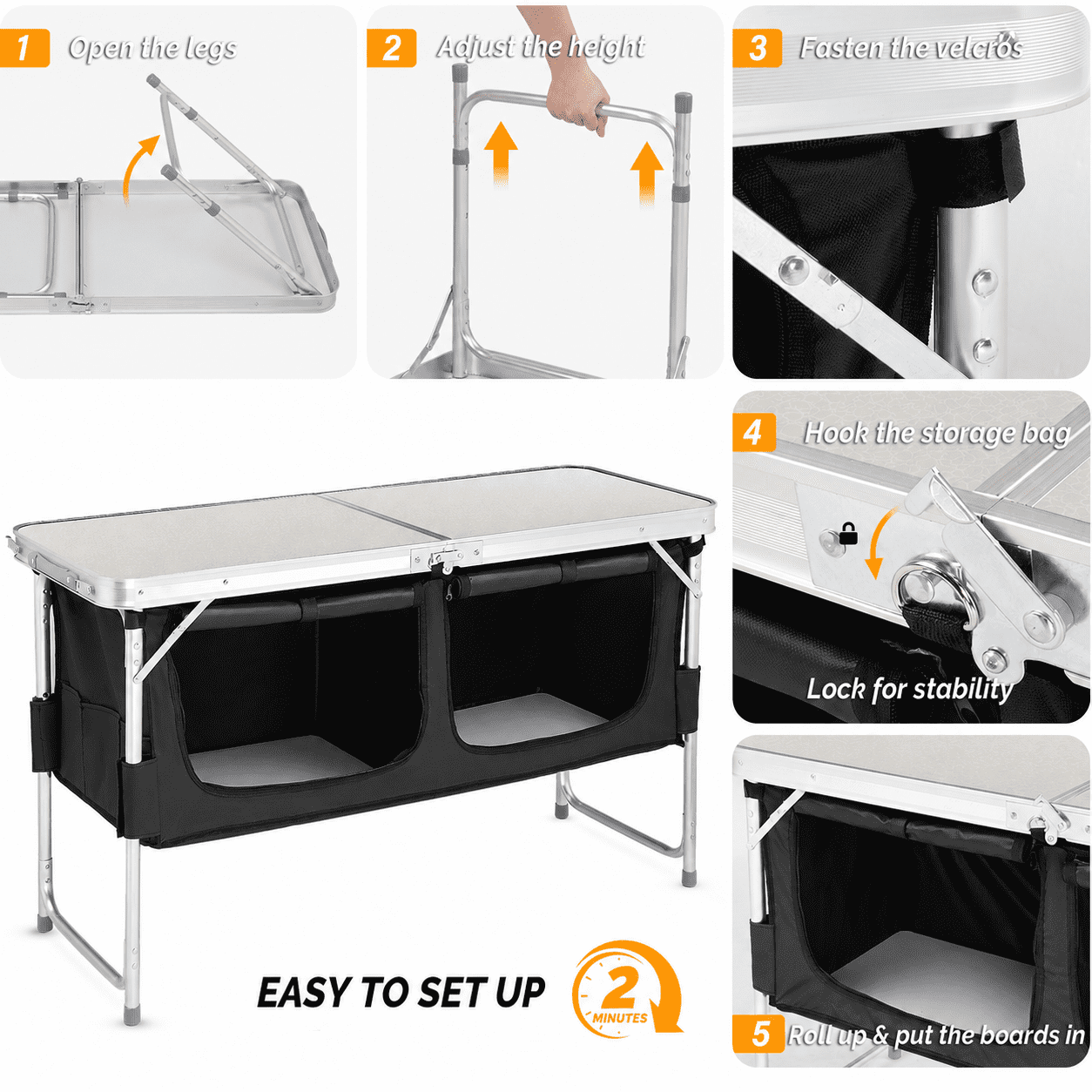 4FT Portable Folding Camping Table with Storage, Aluminum Outdoor Cooking Station with 2 Adjustable Legs, Black