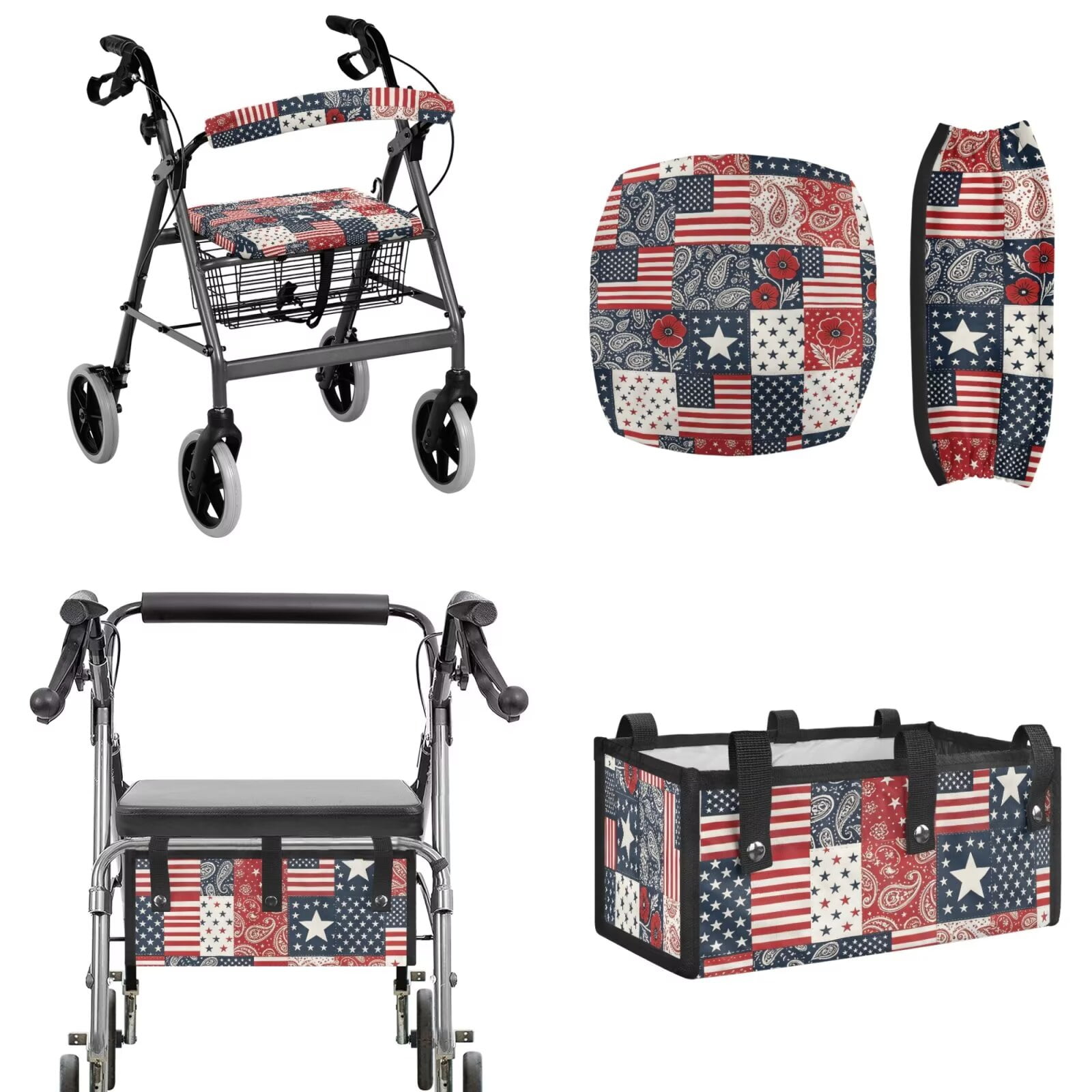 COEQINE Rollator Walker Seat and Backrest Covers with Storage Bag 3 Pieces Set, Universal Washable Rollator Walker Accessories Gifts for Seniors Ladies, American Flag Paisley Floral Patchwork