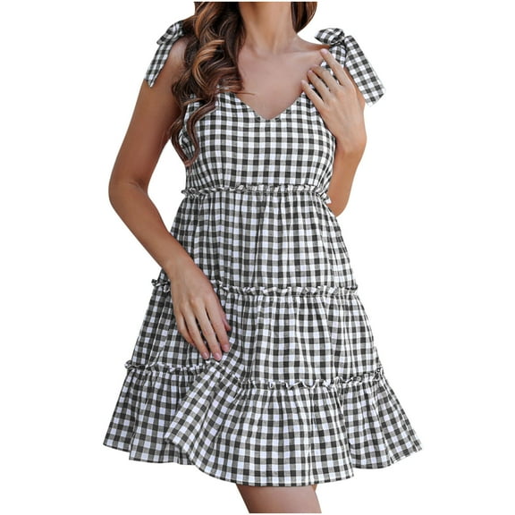 IROINNID V-Neck A-Line Dress For Women Summer Fashion Casual Lace-Up Plaid Wood Ear Swing Dress Comfort Waist Dress