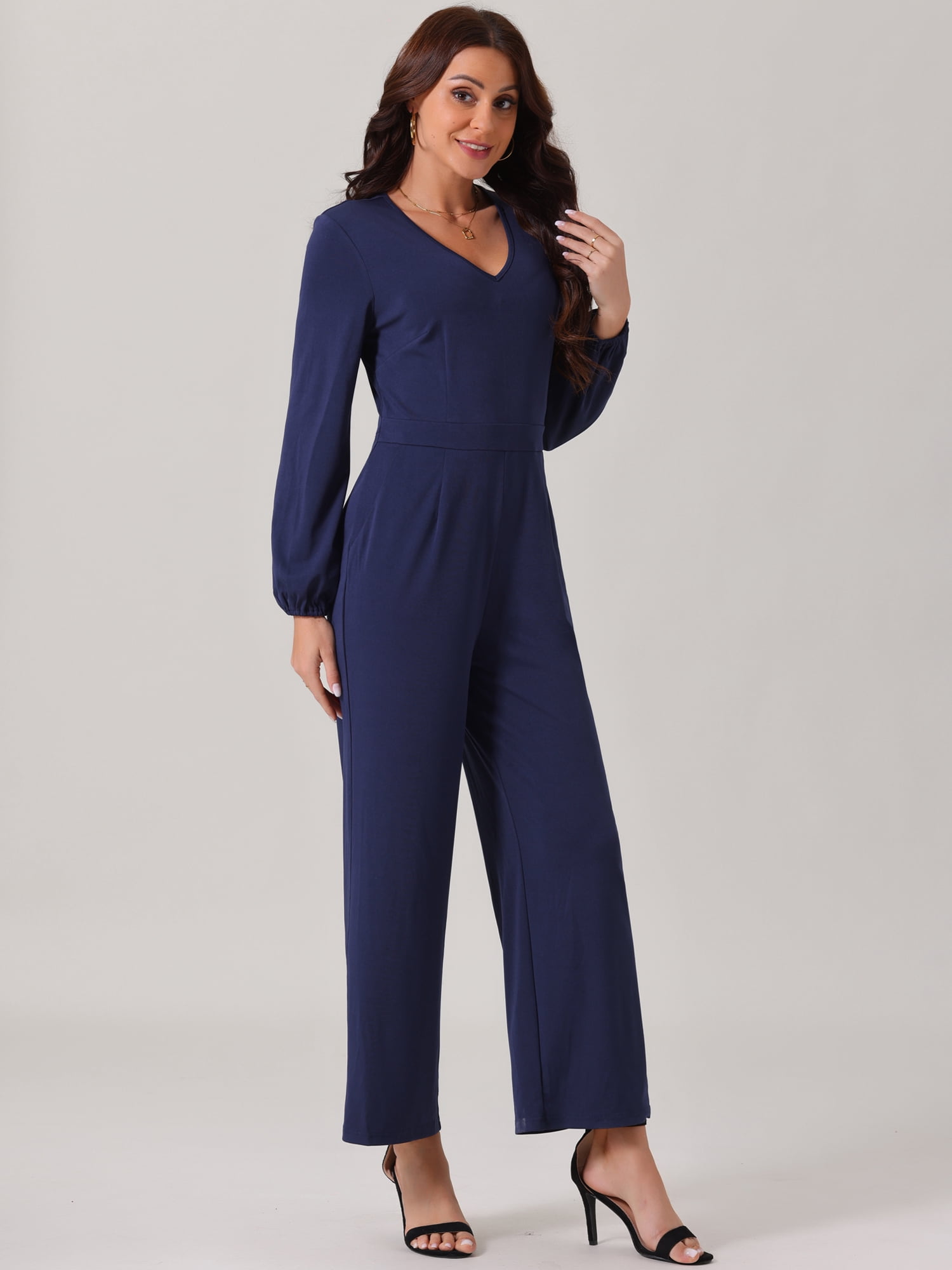 DARING DIVA Women's V Neck Long Sleeve High Waisted Wide Leg Jumpsuits L Dark Blue