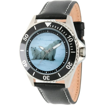 Discovery Channel Animal Planet, Polor Bear and Cub Men's Honor Stainless Steel Watch, Black Bezel, Black Leather Strap