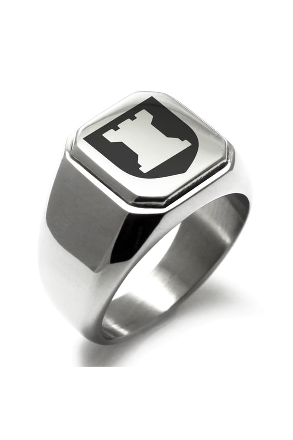 Stainless Steel Rook Strategy Coat of Arms Shield Engraved Square Flat Top Biker Style Polished Signet Ring