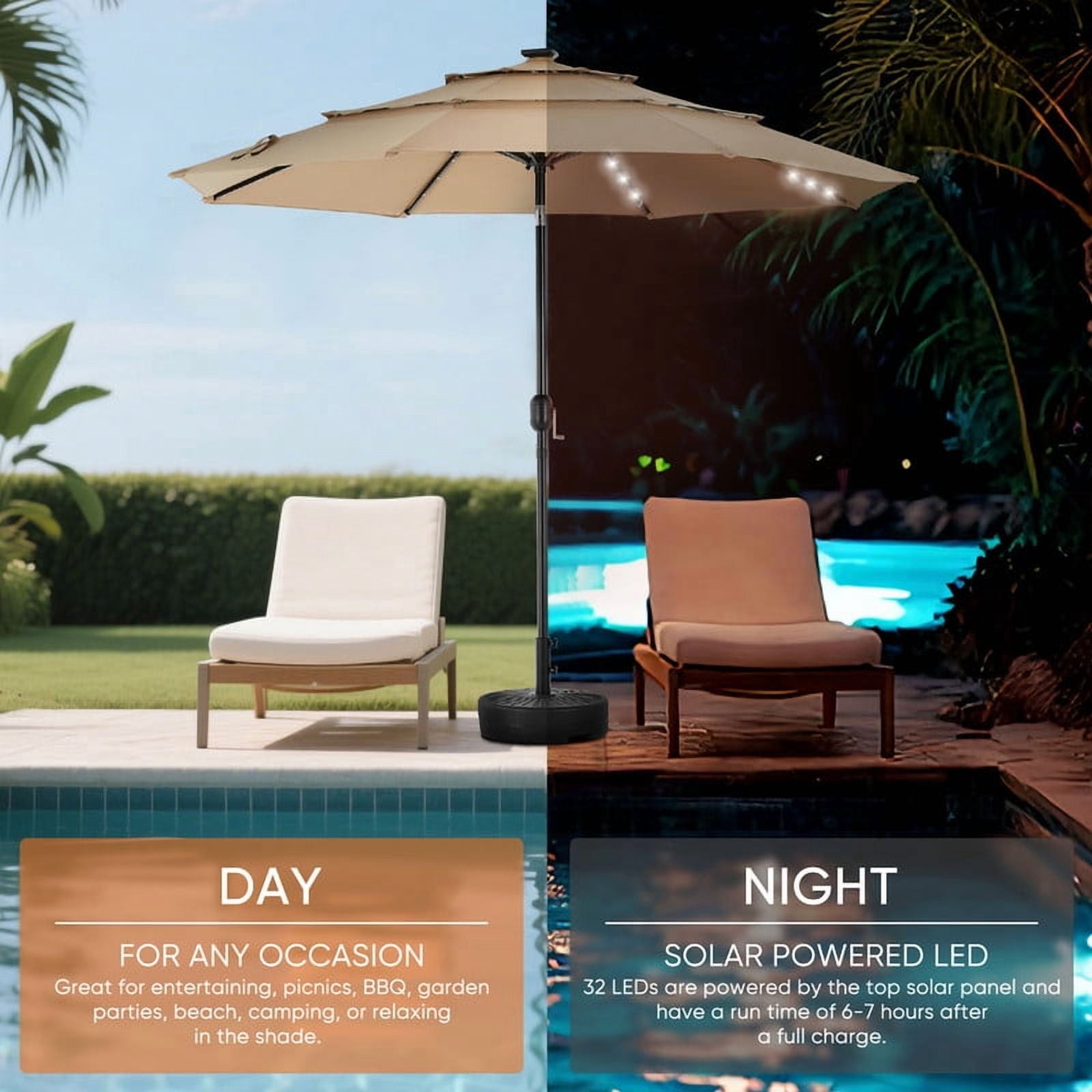 Gianna 10FT 3-Tier Solar Patio Umbrella with 32 LED Lights, Outdoor Umbrellas with Push Button Tilt and Crank,Khaki-1
