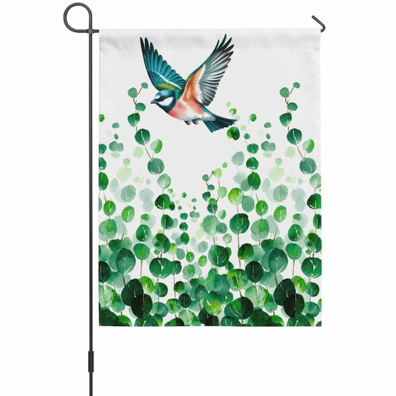 Spring Plants Garden Flag 12 x 18 Inches, Watercolor Bird Gradient Green Eucalyptus Leaves Weather Proof Outdoor Patio Flags Double Sided Small Garden Decoration for Yard Outside Home