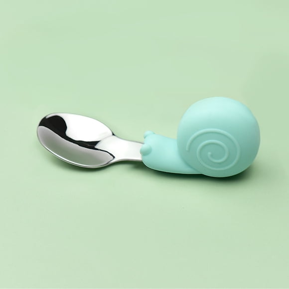 Tenedor cuchara de entrenamiento para aprender a comer para bebés hipopótamo, mango corto, vajilla de acero inoxidable, tenedor cuchara de silicona para alimentos complementarios para niños