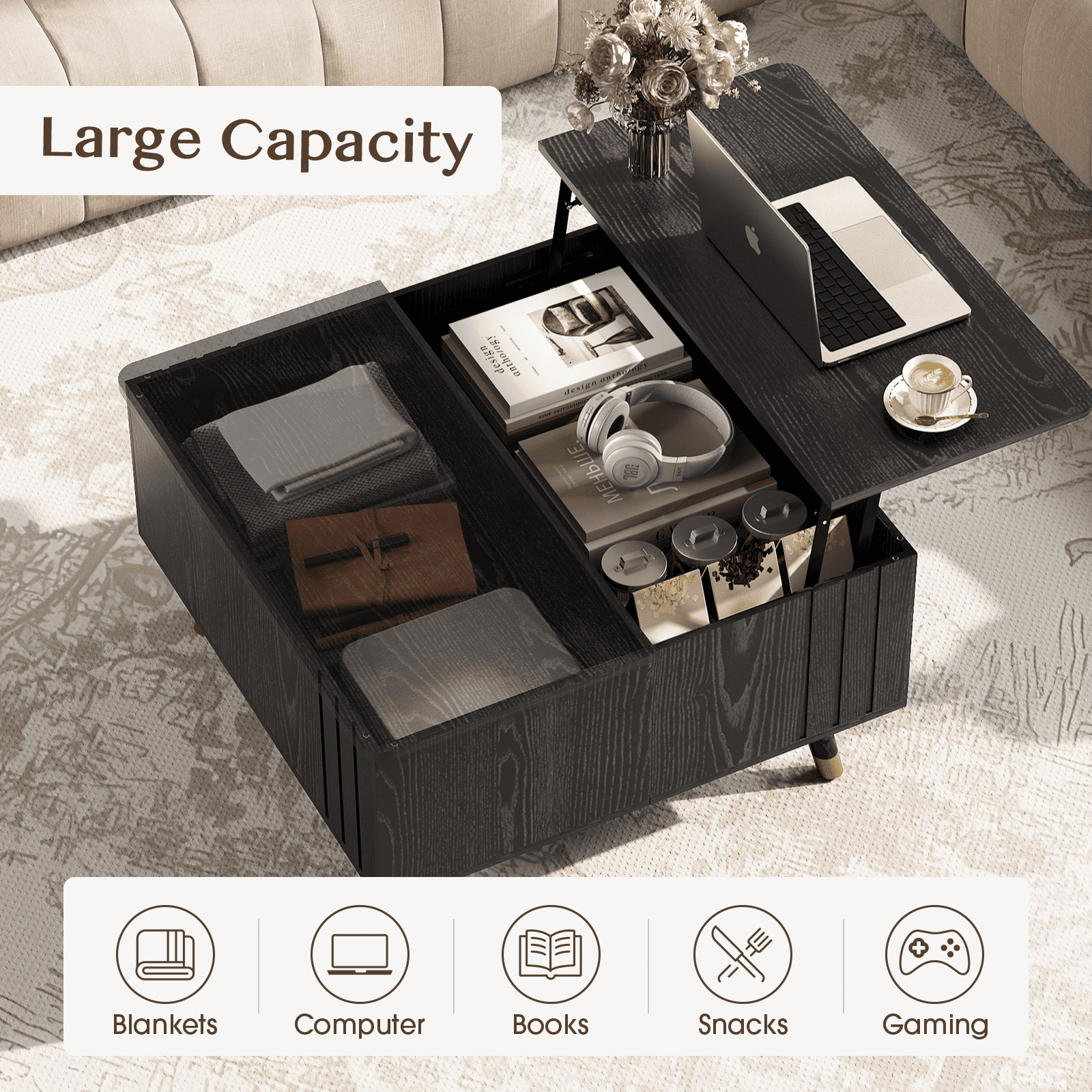JOINICE Lift Top Coffee Table with Hidden Storage Space, Wood Square Center Table,for Living Room, Black