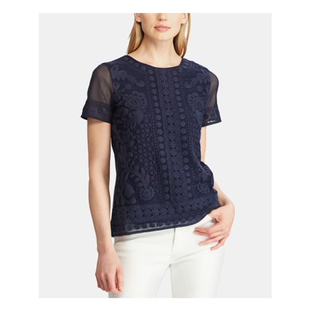 RALPH LAUREN Womens Navy Embroidered Short Sleeve Jewel Neck Top Size: S