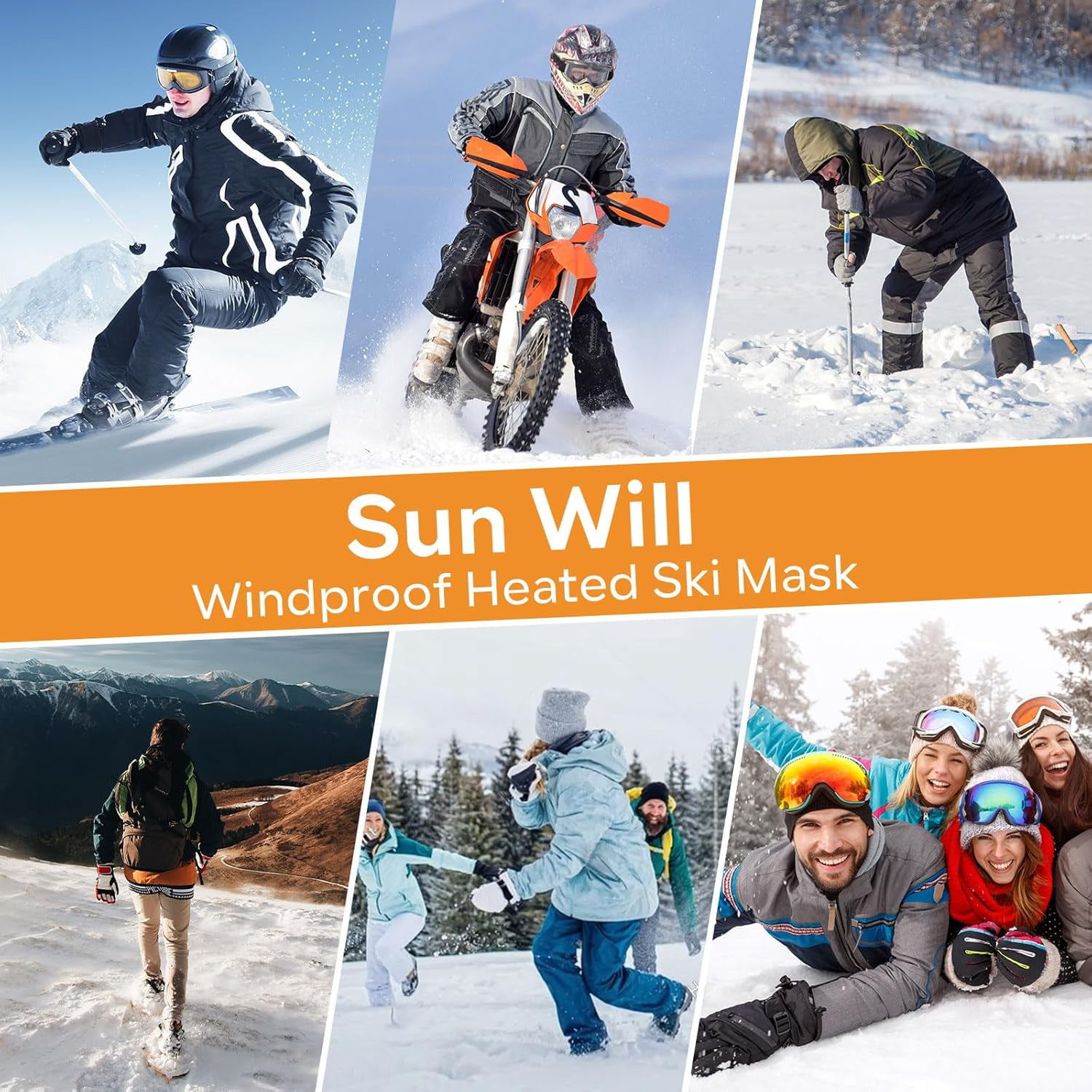 SUN WILL Heated Ski Mask Balaclava for Men & Women, Electric Heated Face Mask,Winter Outdoor Black Windproof